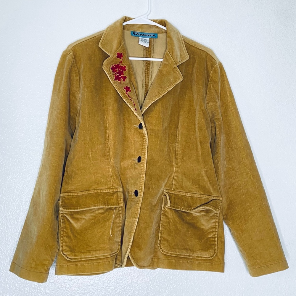 U-Tility Vintage Y2K Brown Floral Embroidered Corduroy Jacket Size 10